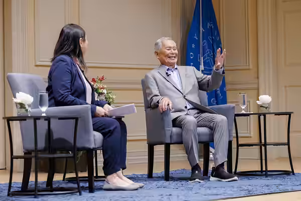 Author and actor George Takei speaks to local school groups at the Library of Congress, May 10, 2024. Photo by Shawn Miller/Library of Congress. Note: Privacy a