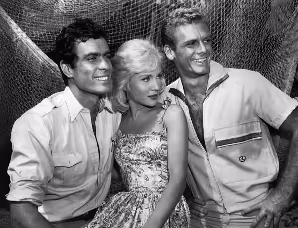 Photo of Gardner McKay as Adam Troy, guest star Susan Oliver and Guy Stockwell as Chris Parker from the television program Adventures in Paradise. (1961)
