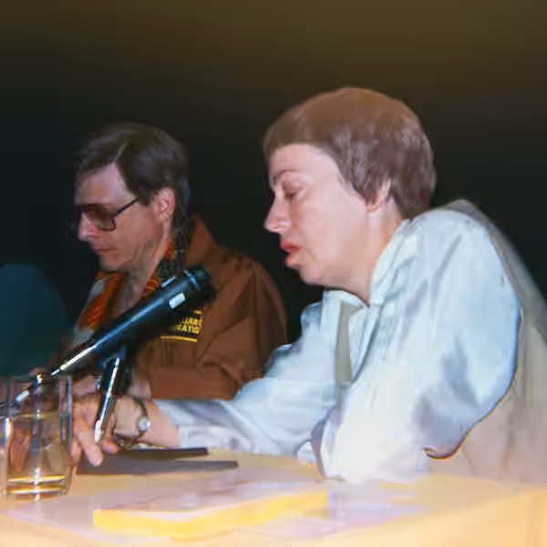 Ursula K. Le Guin and Harlan Ellison at Westercon, Portland, Oregon, 1984.