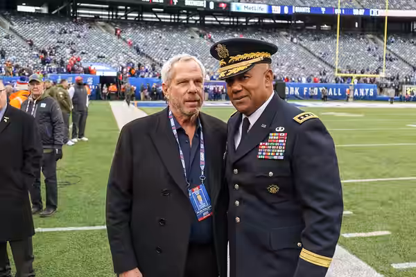 Lt. Gen. Darryl A. Williams, 60th superintendent of the U.S. Military Academy, meeting Steve Tisch in the Salute to Soldier events during the New York Giant's g (2018)