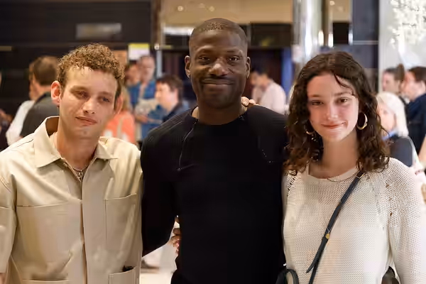 From left to right, Théo Cholbi, Erwan Kepoa Falé, and Lila Gueneau at the 2024 Cannes Film Festival for Eat the Night.