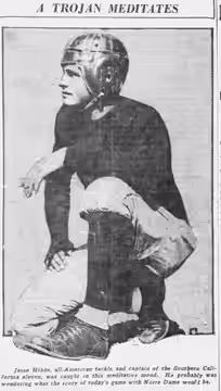 Caption text says "Jesse Hibbs, all-American tackle and captain of the Southern California eleven, was caught in this meditative mood. He probably was wondering