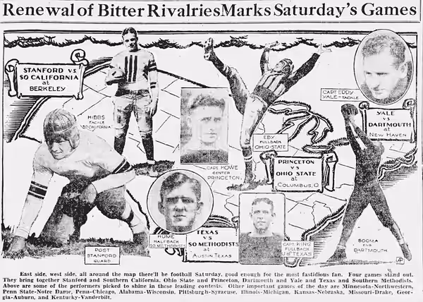 Caption text says "East side, west side, all around the map there'll be football Saturday, good enough for the most fastidious fan. Four games stand out. They b