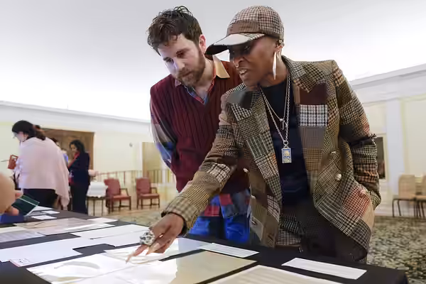 Ben Platt and Cynthia Erivo look over a special collections display during a tour of the Library of Congress, December 4, 2023. Photo by Elaina Finkelstein/Libr