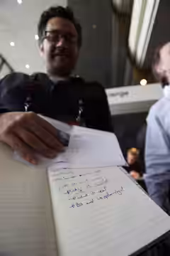 Larry Cohen, managing partner, of BgC3, shows me some of his notes. (He works with Bill Gates and used to run PR for Microsoft). (2010)