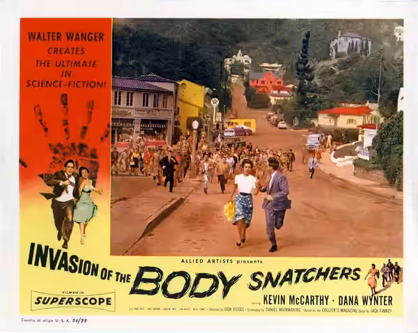 Color lobby card for the 1956 American science fiction movie Invasion of the Body Snatchers, Allied Artists, 1956. Assumed to be in the public domain as no copy