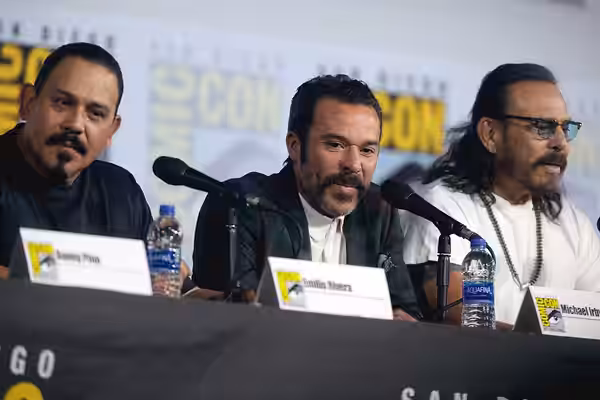 Emilio Rivera, Michael Irby &amp; Raoul Trujillo speaking at the 2019 San Diego Comic Con International, for "Mayans MC", at the San Diego Convention Center in 