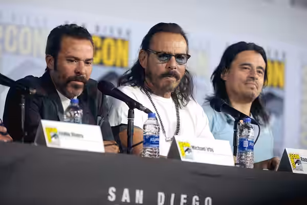 Michael Irby, Raoul Trujillo and Antonio Jaramillo speaking at the 2019 San Diego Comic Con International, for "Mayans MC", at the San Diego Convention Center i