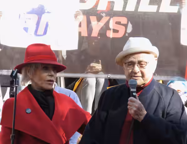 Actor/Activist Jane Fonda and famed television producer Norman Lear at a Fire Drill Fridays climate change awareness rally in downtown Los Angeles. (2020)
