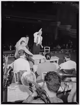 Gottlieb, William P., 1917-, photographer. [Portrait of Bob Graettinger, Pete Rugolo, and Stan Kenton, Richmond, Va.(?), 1947 or 1948] 1 negative : b&amp;w ; 3 