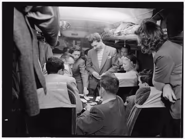 Gottlieb, William P., 1917-, photographer. [Portrait of Pete Rugolo and Bob Gioga, 1947 or 1948] 1 negative : b&amp;w ; 3 1/4 x 4 1/4 in. Notes: Gottlieb Collec