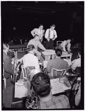 Gottlieb, William P., 1917-, photographer. [Portrait of Bob Graettinger, Pete Rugolo, and Stan Kenton, Richmond, Va.(?), 1947 or 1948] 1 negative : b&amp;w ; 3 