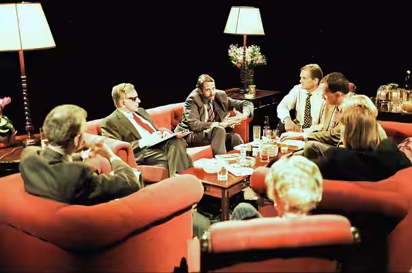 Television programme After Dark on 1 November 1997 with that evening's host John Underwood (back to camera, left) and guests, from left, Bernard Nathanson, John