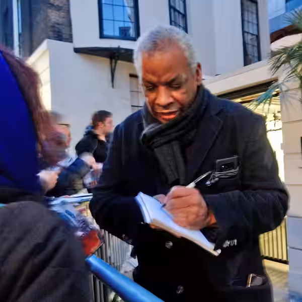 November 2017, Don Warrington signing at a revival of David Mamet's Glengarry Glen Ross in London's Playhouse Theatre.