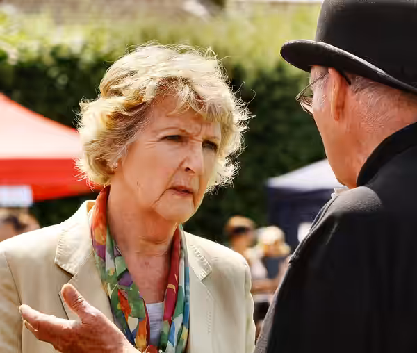 Penelope Keith signing autographs at the World Custard Pie Championships in Coxheath, Kent, June 3, 2017