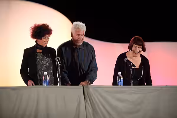 Barry Bostwick, Patricia Quinn and Nell Campbell speaking at the 2015 Phoenix Comicon at the Phoenix Convention Center in Phoenix, Arizona. Please attribute to 