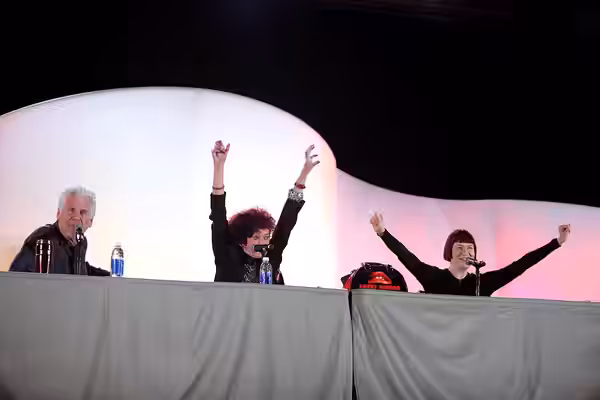 Barry Bostwick, Patricia Quinn and Nell Campbell speaking at the 2015 Phoenix Comicon at the Phoenix Convention Center in Phoenix, Arizona. Please attribute to 