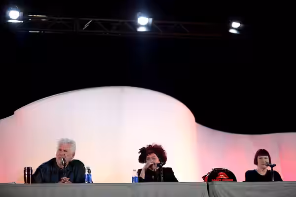 Barry Bostwick, Patricia Quinn and Nell Campbell speaking at the 2015 Phoenix Comicon at the Phoenix Convention Center in Phoenix, Arizona. Please attribute to 