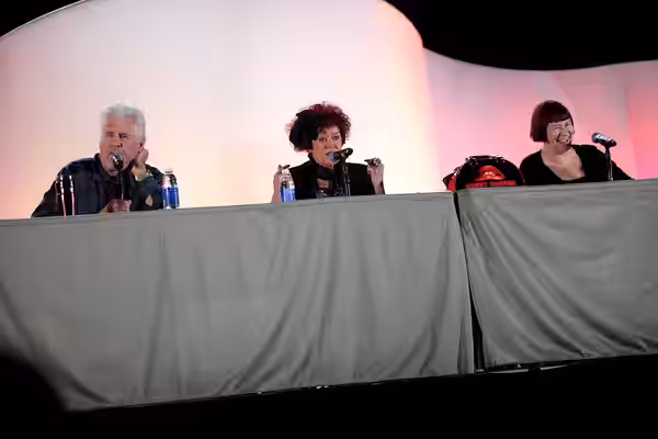 Barry Bostwick, Patricia Quinn and Nell Campbell speaking at the 2015 Phoenix Comicon at the Phoenix Convention Center in Phoenix, Arizona. Please attribute to 
