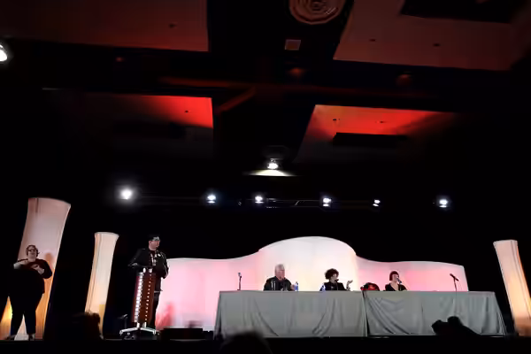 Barry Bostwick, Patricia Quinn and Nell Campbell speaking at the 2015 Phoenix Comicon at the Phoenix Convention Center in Phoenix, Arizona. Please attribute to 