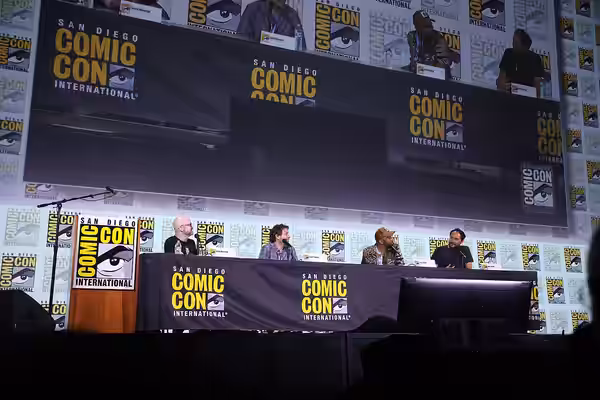 Steven Weintraub, Gareth Edwards, Justin Simien and Louis Leterrier speaking at the 2023 San Diego Comic Con International, for "Collider: Directors on Directin
