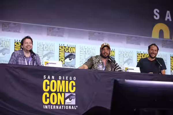 Gareth Edwards, Justin Simien and Louis Leterrier speaking at the 2023 San Diego Comic Con International, for "Collider: Directors on Directing", at the San Die