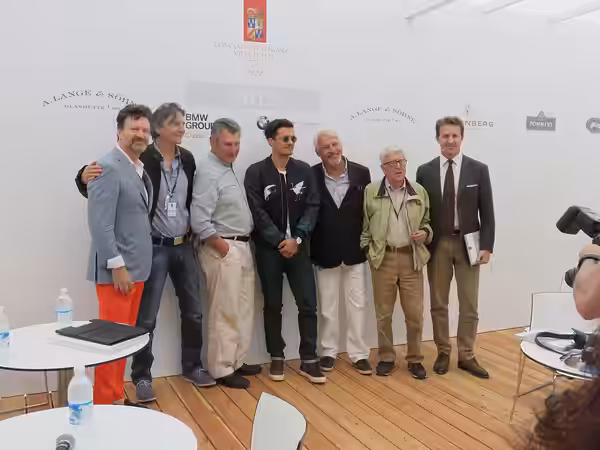 BMW Classics Group people with actor Orlando Bloom (sunglasses) in the middle. (video footage of same people) Location is 2015 Concorso d'Eleganza at Villa d'Es