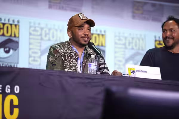 Justin Simien speaking at the 2023 San Diego Comic Con International, for "Collider: Directors on Directing", at the San Diego Convention Center in San Diego, C