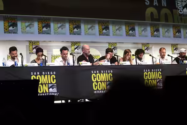 Dominic Cooper, Ruth Negga, Joseph Gilgun, Graham McTavish, Ian Colletti, Danielle Panabaker, Jason Mantzoukas, Evan Goldberg and Kevin Smith speaking at the 20 (2016)