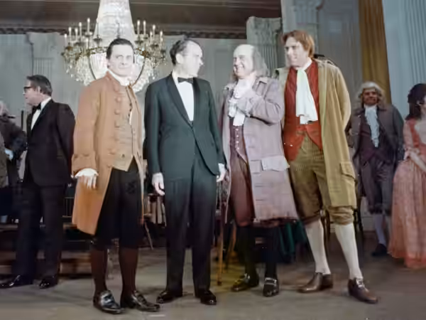 President Richard Nixon with the cast of the musical 1776 after a performance in the East Room of the White House. WHPO C3006-34 (1971)