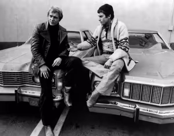 Photo of David Soul as Ken Hutchinson and Paul Michael Glaser as David Starsky from the premiere of the television series Starsky and Hutch.