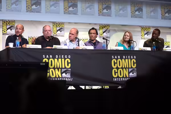 Howard Gordon, Manny Coto, Evan Katz, Jimmy Smits, Miranda Otto and Corey Hawkins speaking at the 2016 San Diego Comic Con International, for "24: Legacy", at t