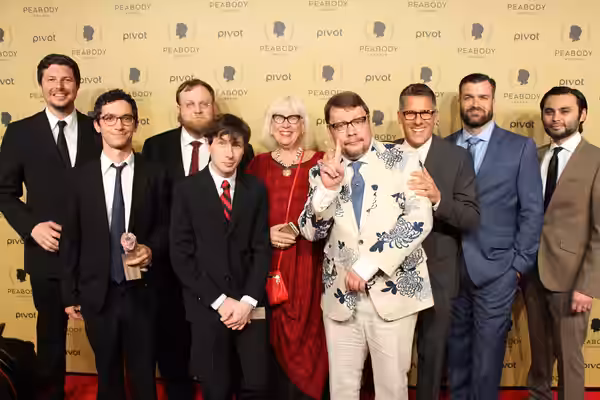 The Adventure Time team on the red carpet, including Kent Osborne, Tom Herpich, Pendleton Ward, Patrick McHale, Betty Ward, Jack Pendarvis, Rob Sorcher, Curtis 