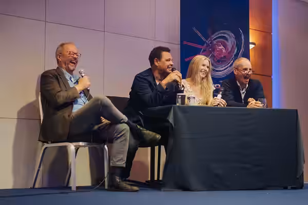 Robert Llewellyn, Craig Charles, Chloe Annett and Chris Barrie on stage at Dimension Jump XX (2018)