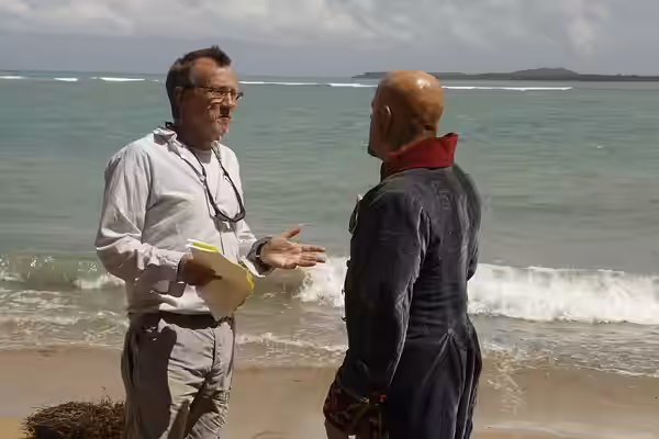 A picture of Steve Barron directing Eddie Izzard on the set of Treasure Island. (2011)