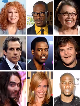 Montaje de los anfitriones de los premios MTV Video Music Awards. De izquierda a derecha y de arriba hacia abajo: Bette Midler, Eddie Murphy, Roseanne Barr, Ben (2013)