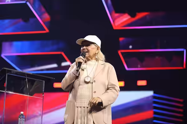 Roseanne Barr speaking with attendees at the 2023 AmericaFest at the Phoenix Convention Center in Phoenix, Arizona.