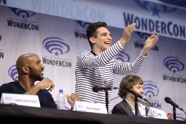 Henry Simmons, Jeff Ward and Jed Whedon speaking at the 2019 WonderCon, for "Marvel's Agents of S.H.I.E.L.D.", at the Anaheim Convention Center in Anaheim, Cali