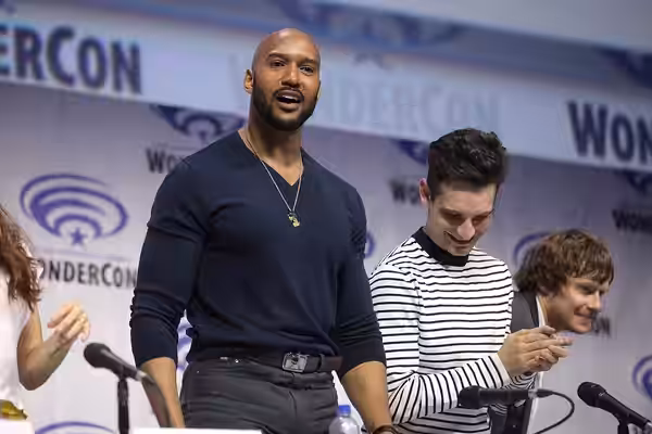 Henry Simmons, Jeff Ward and Jed Whedon speaking at the 2019 WonderCon, for "Marvel's Agents of S.H.I.E.L.D.", at the Anaheim Convention Center in Anaheim, Cali