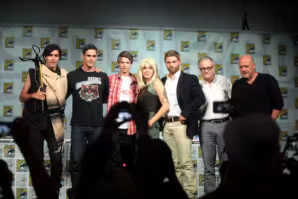 Alexander Koch, Eddie Cahill, Colin Ford, Rachelle Lefevre, Mike Vogel, Neal Baer and Dean Norris speaking at the 2014 San Diego Comic Con International, for "U
