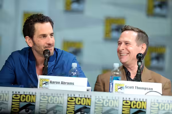 Aaron Abrams and Scott Thompson speaking at the 2014 San Diego Comic Con International, for "Hannibal", at the San Diego Convention Center in San Diego, Califor