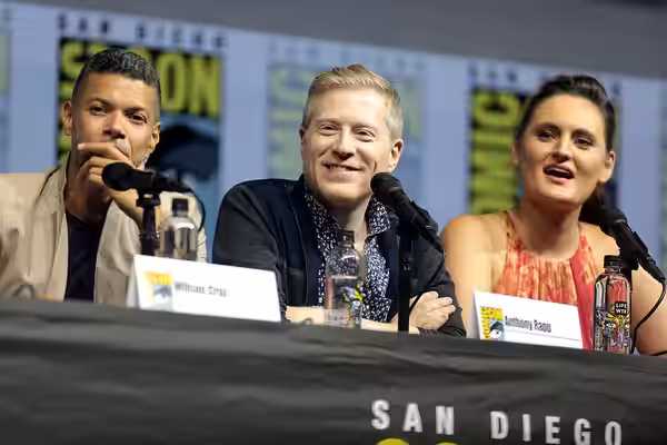 Wilson Cruz, Anthony Rapp and Mary Chieffo speaking at the 2018 San Diego Comic Con International, for "Star Trek: Discovery", at the San Diego Convention Cente