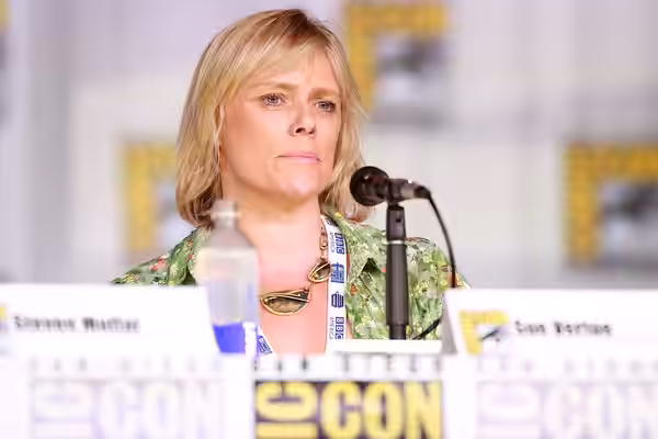 Sue Vertue speaking at the 2013 San Diego Comic Con International, for "Sherlock", at the San Diego Convention Center in San Diego, California. Please attribute