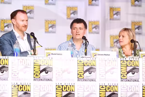 Mark Gatiss, Steven Moffat and Sue Vertue speaking at the 2013 San Diego Comic Con International, for "Sherlock", at the San Diego Convention Center in San Dieg