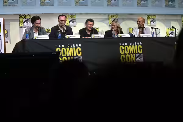 Benedict Cumberbatch, Mark Gatiss, Steven Moffat, Sue Vertue and Amanda Abbington speaking at the 2016 San Diego Comic Con International, for "Sherlock", at the