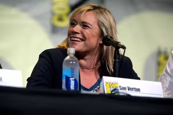 Sue Vertue speaking at the 2016 San Diego Comic Con International, for "Sherlock", at the San Diego Convention Center in San Diego, California. Please attribute