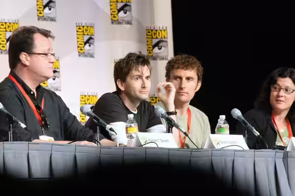 Actor David Tennant with Russell T Davies (left), Euros Lyn (centre right) and Julie Gardner (right) at Comic-Con 2009 (26 July 2009).