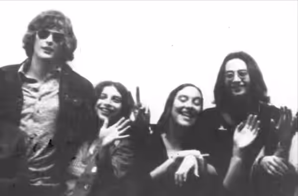 Photograph of (left to right) David Hasselhoff, Cassandra Peterson, Katey Sagal and Paul Reubens at CalArts, early 1970s (1972)