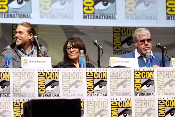 Charlie Hunnam, Katey Sagal and Ron Perlman speaking at the 2013 San Diego Comic Con International, for "Sons of Anarchy", at the San Diego Convention Center in