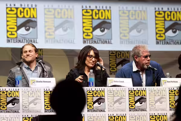 Charlie Hunnam, Katey Sagal and Ron Perlman speaking at the 2013 San Diego Comic Con International, for "Sons of Anarchy", at the San Diego Convention Center in